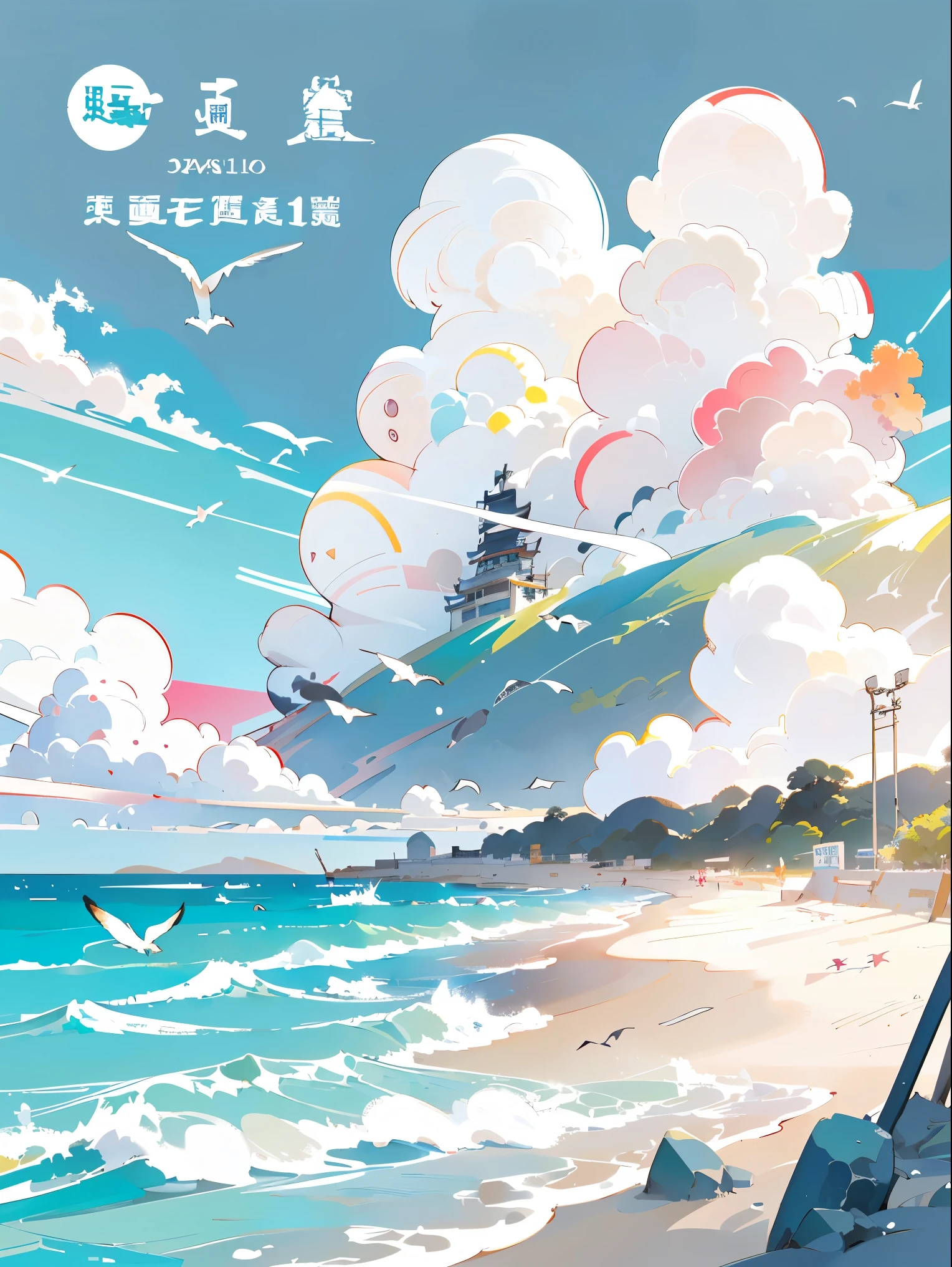 anime background, Ghibli background style, cute illustration, soft light,Full-color illustration, beach，coastal線，coastal，port，Baiyun(1:2), cover illustration, landscape，soft clouds, Sunlight, Seagulls flying in the sky，telegraph pole