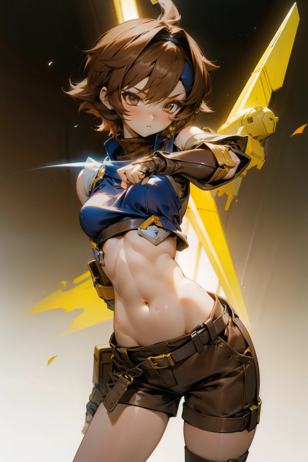 masterpiece, best quality, ultra-detailed, illustration, ultra-detailed face, best quality face,1boy, 15 years old, boxer, tomgirl, bully, short hair, strong, muscular abs, tough expression, sporty build, tall, professional martial artist, amber brown eyes, mean smile, champion, brown hair, confident, strong, fighter, dominant, ready to dominate the opposition, naked, topless, wicked, evil, vicious, dominant look in his eyes, he's a predator, boxing gloves, boxing ring, violent, angry, wide shoulders, strong arms, muscular thighs, ripped muscles.