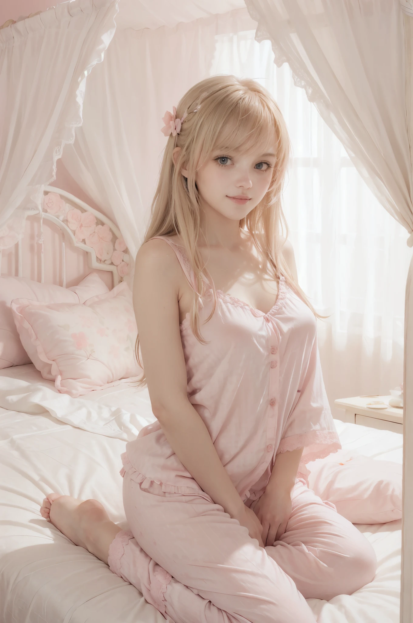 photo of mariya with long blonde hair, bang, sexy, (petite:1.4), wearing (pink pajamas:1.3), sitting on bed in a cute girly bedroom adorned with pastel hues and playful decor. The walls are painted in soft pinks or lavender, with a delicate floral or heart-patterned wallpaper as an accent. A canopy bed with sheer, flowy curtains creates a dreamy atmosphere. Plush stuffed animals and fluffy throw pillows in various shades of pink adorn the bed,
realistic, photorealistic,
High quality, RAW photograph, detailed background, intricate, highly detailed, sharp focus, high resolution, 8k, uhd, dslr, realistic eyes, perfect eyes,