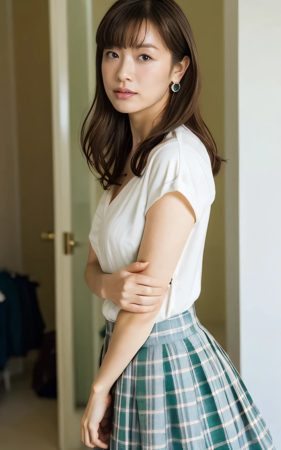 (Naughty photos, Full body photo:1.4), 
(Upper body naked, Wearing a school uniform without a bra, White shirt, Green Check Skirt, Tuck the shirt into the skirt,Chest tightness:1.6), 
(The shape of the nipples is clearly visible even through clothing.., The crotch crack is clearly visible, Super beautiful bare legs:1.2), 
(Getting naked in the changing room, The shirt is unbuttoned, Open your trembling lips a little:1.4),
((2, Beautiful female teacher, My hair is messy, Body facing forward:1.4)),
((Small breasts, Flat Chest, My breasts are a little saggy:1.2)),

Eye focus, Teary-eyed, Narrow shoulders, Beautiful clavicle, Thin arms, Thin legs, Slim figure, Soft belly, Narrow waist, extremely detailed face, Ultra detailed breasts, Ultra-detailed skin, Ultra detailed lips, Fuller lips, Thick and soft lips, Glossy lips, White teeth, Beautiful actress makeup, Compensate, Dark lipstick, dark brown hair, Delicate and soft hair, Let your hair down, Fluffy short bob, Sweep your bangs to the side, Stylish earrings,necklace, ｓ
