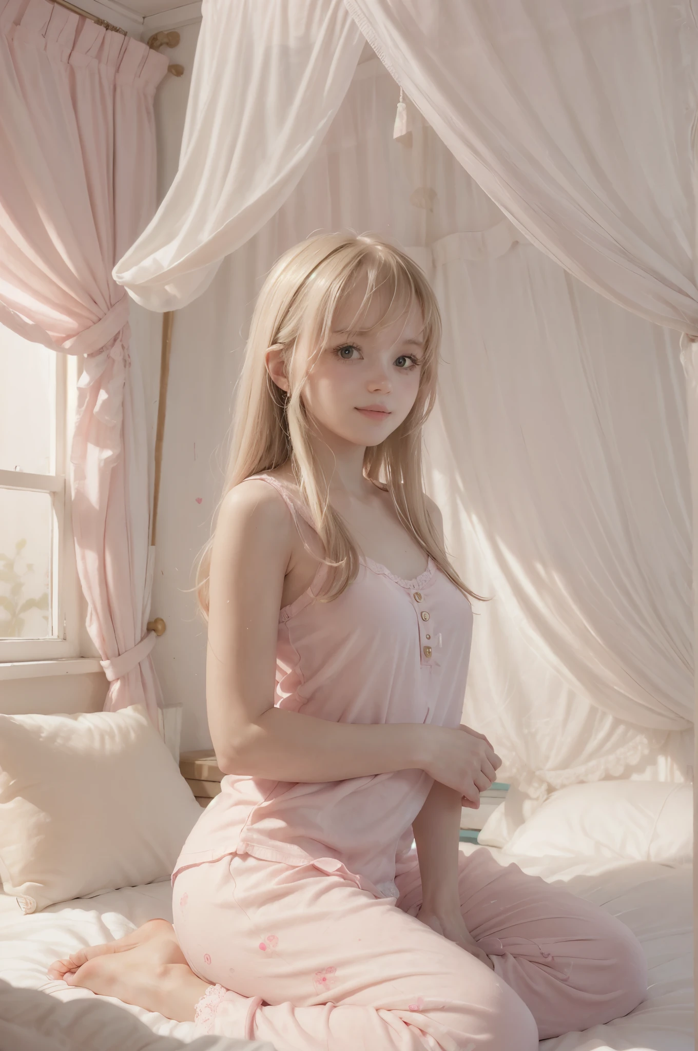 photo of mariya with long blonde hair, bang, NSFW, (petite:1.4), wearing (pink pajamas:1.3), sitting on bed in a cute girly bedroom adorned with pastel hues and playful decor. The walls are painted in soft pinks or lavender, with a delicate floral or heart-patterned wallpaper as an accent. A canopy bed with sheer, flowy curtains creates a dreamy atmosphere. Plush stuffed animals and fluffy throw pillows in various shades of pink adorn the bed,
realistic, photorealistic,
High quality, RAW photograph, detailed background, intricate, highly detailed, sharp focus, high resolution, 8k, uhd, dslr, realistic eyes, perfect eyes,