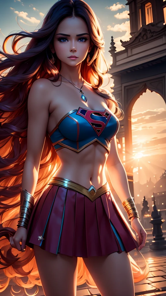 Best quality, 30 year old woman,  long red hair, blue eyes, slight smile, upper body, skimpy mage robes, intricate details,  fluffy clouds, fantasy city,  sunset, cleavage, 