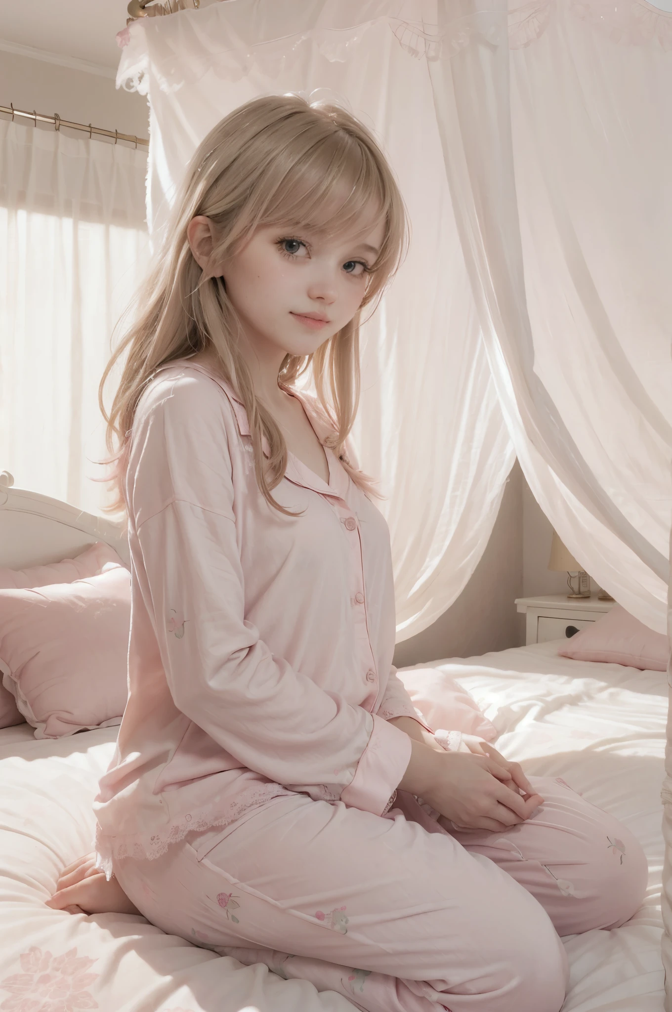 photo of mariya with long blonde hair, bang, NSFW, (petite:1.4), wearing (pink pajamas:1.3), sitting on bed in a cute girly bedroom adorned with pastel hues and playful decor. The walls are painted in soft pinks or lavender, with a delicate floral or heart-patterned wallpaper as an accent. A canopy bed with sheer, flowy curtains creates a dreamy atmosphere. Plush stuffed animals and fluffy throw pillows in various shades of pink adorn the bed,
realistic, photorealistic,
High quality, RAW photograph, detailed background, intricate, highly detailed, sharp focus, high resolution, 8k, uhd, dslr, realistic eyes, perfect eyes,