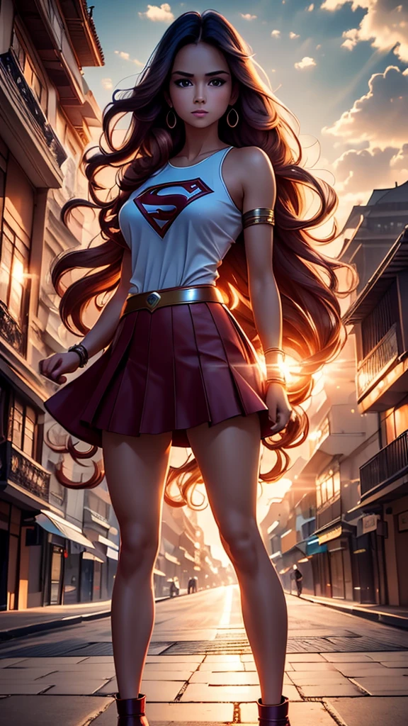 “A full-body photograph of a stylish woman standing confidently on a street in Jogja, resembling Nita Gunawan in appearance. She is wearing a Supergirl-themed shirt with the iconic 'S' symbol on her chest, paired with a chic, matching skirt. The vibrant city backdrop shows a mix of traditional and modern architecture with colorful shops and street activity. The woman strikes a powerful pose, her hair flowing gently, while sunlight casts a warm glow over the scene.”