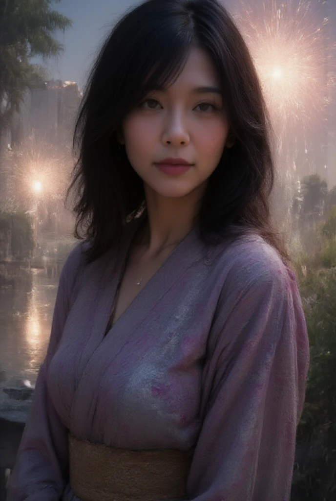 Score_9, score_8_up, score_7_up, masterpiece, best quality, high resolution, reality, 1girl, solo, Japanese girl, happy expression, looking at viewer, upper body, medium hair, black hair, bangs, (purple-blue floral kimono, silky kimono), (night, city river bank background:1.3), (fireworks:1.3)