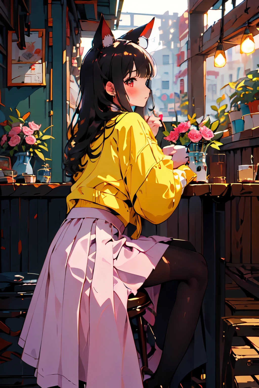 Anime girl sitting at a table with flowers in her hand - SeaArt AI