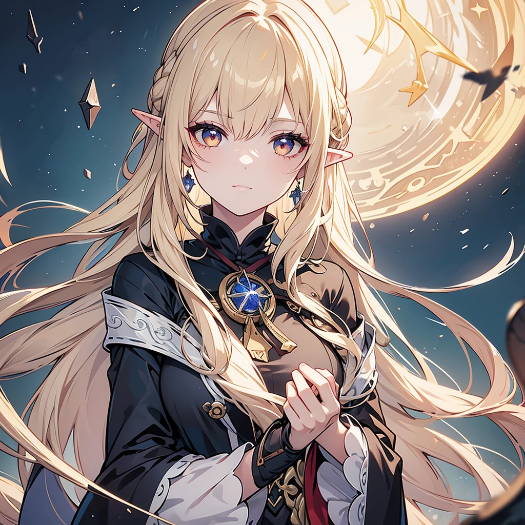 8k, ultra detailed, masterpiece, best quality, (extremely detailed), dynamic angle, anatomically correct, an ultra wide angle picture of a female elf wizard in front of a magical tower (1.5 intricate details, Masterpiece, best quality), female elf (1.5 intricate details, Masterpiece, best quality), beautiful elf, RPG elf (1.5 intricate details, Masterpiece, best quality), holding a magic staff, magical lights and patterns(1.5 intricate details, Masterpiece, best quality), small pointed ears, blond hair, braided hair, magical tower ( 1.5, intense details, masterpiece), flowing robe, black robe with stars on it, (1.5 intricate details, Masterpiece, best quality). moon rays, stars, moon light, night time,