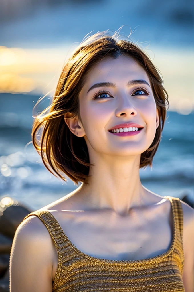 ((Best Quality, 8k, Masterpiece: 1.3)), 1 girl, smile, full body, slim face, beautiful woman, (short dark brown hair), casual clothing, ultra-detailed face, detailed eyes, walking on the beach with sunglasses looking at the sea in the distance, blurred background, slim face, sea, beach,