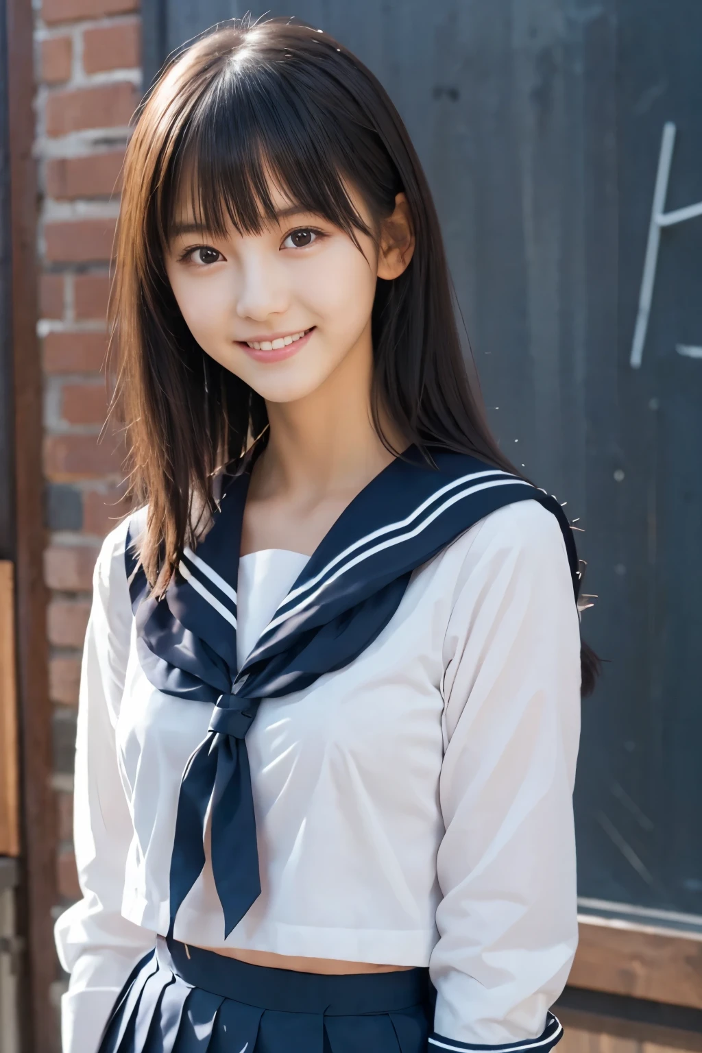 nsfw,One girl, High resolution, Perfect clarity, Perfect lighting, Rich texture, Great contrast, Young Japanese Woman, 18yo, Beauty, Idol-like cute face, Black Hair, Slightly longer bob hair,  whole body,(Sailor school uniform), In a school classroom