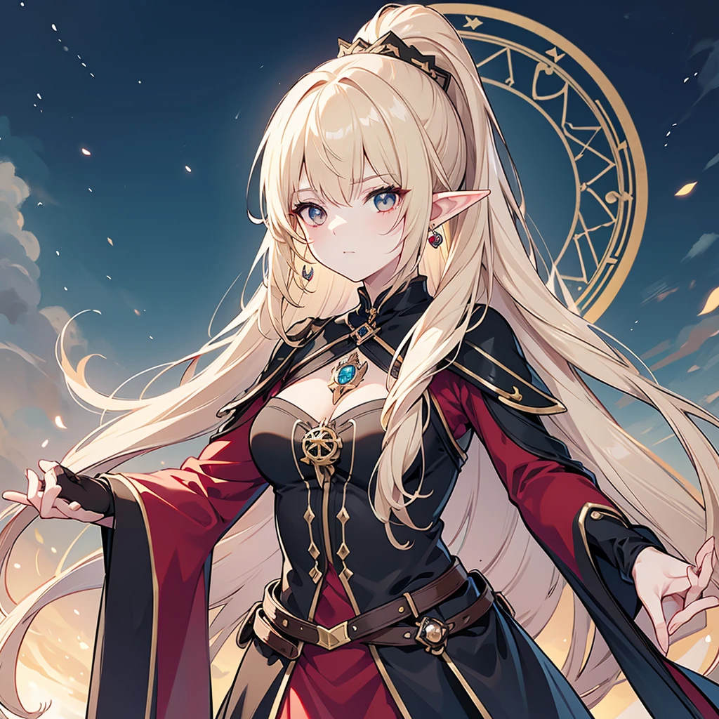 Red dress, HD, hdr, sharp focus, Night forest shape, nebula sky dark, glowing particles, White frills, Blue eyes, masterpiece, best quality, Blonde, long hair, <lyco:ifrit_vt:0.6>, Diadem, (Small breast:1.2)