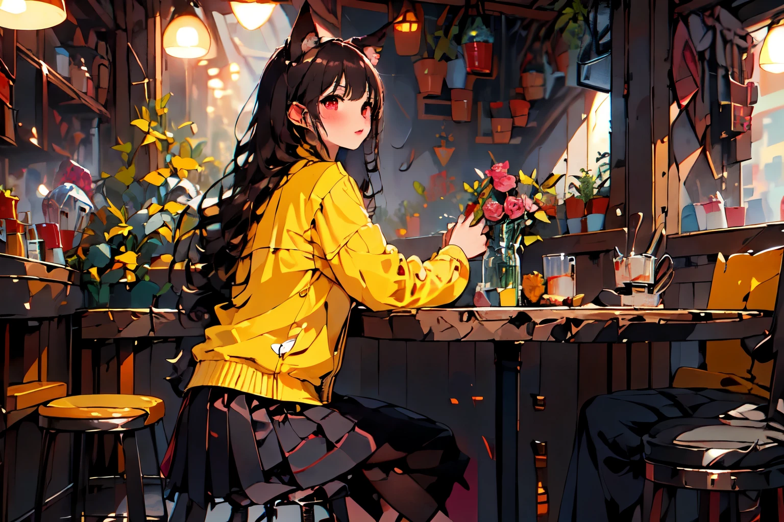 (masterpiece:1.2), the best quality,pixiv,flood, (junkotvv, black hair, car ears, red eyes), (1 chico con el Long hair y sin orejas de gato)
1 girl, Alone, session, Long hair, flower, chair, food, pink flower, cup, tenure, long sleeve, pink skirt, rosa, skirt, jacket, black hair with bangs, table, pink rosa, inside, blush, blows, plant, tenure cup, yellow jacket, profile, shelter, long skirt, vase
 