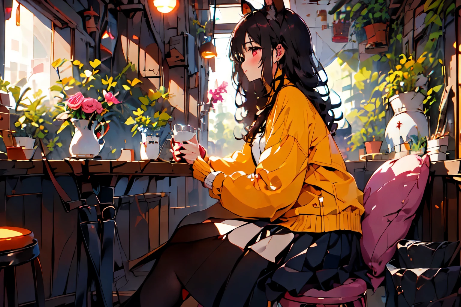 (masterpiece:1.2), the best quality,pixiv,flood, (junkotvv, black hair, car ears, red eyes), (1 chico con el Long hair y sin orejas de gato)
1 girl, Alone, session, Long hair, flower, chair, food, pink flower, cup, tenure, long sleeve, pink skirt, rosa, skirt, jacket, black hair with bangs, table, pink rosa, inside, blush, blows, plant, tenure cup, yellow jacket, profile, shelter, long skirt, vase
 