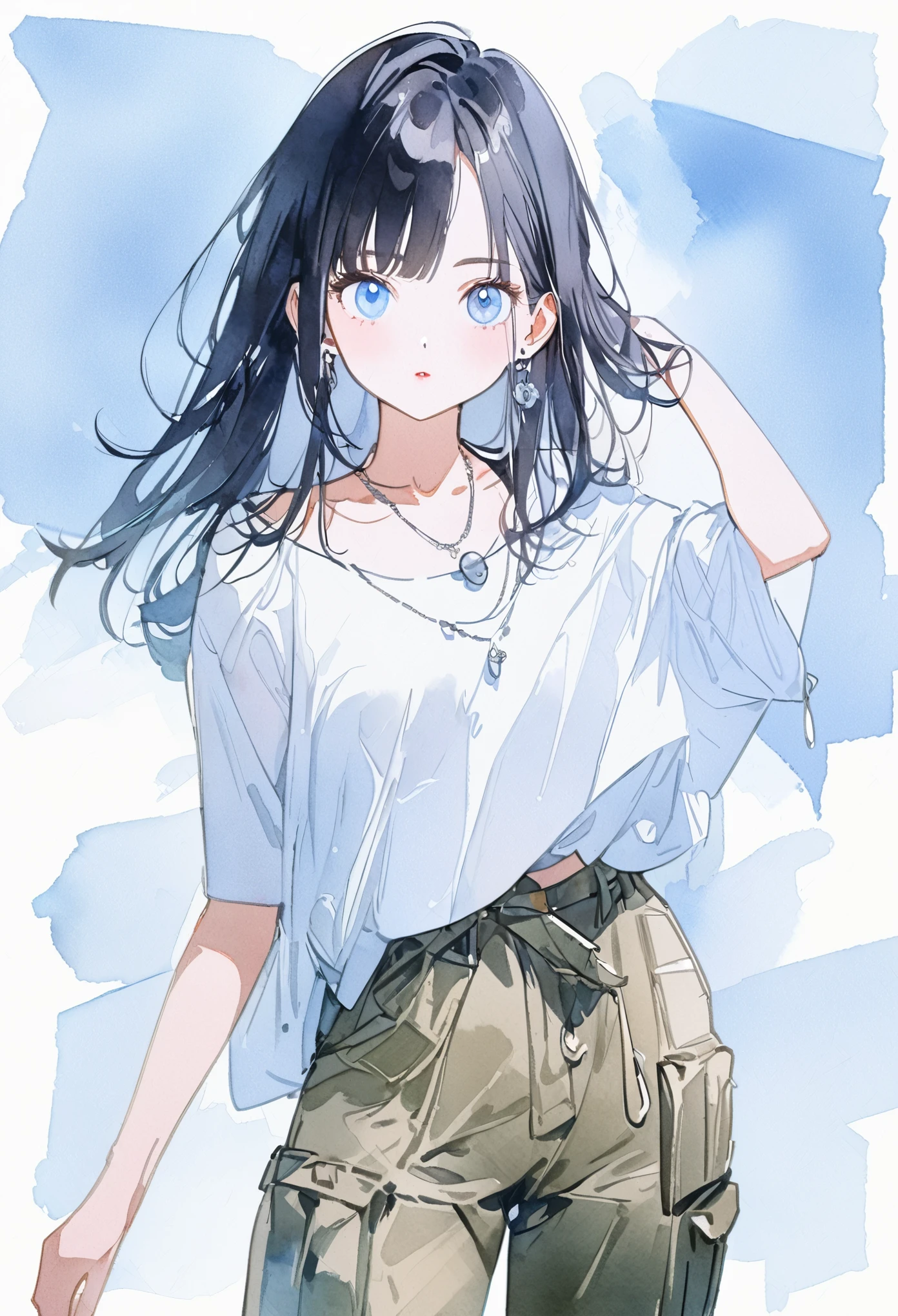 a female, black hair,shiny hair,medium hair,bangs, straight hair,albino,blue eyes,fashion model posing,cool,from front,looking viewer,Shoulder Tops, cargo pants,earrings,necklaces,blue background,white tone,watercolor style,(best quality,4k,8k,highres,masterpiece:1.2),ultra-detailed, beautiful detailed eyes,