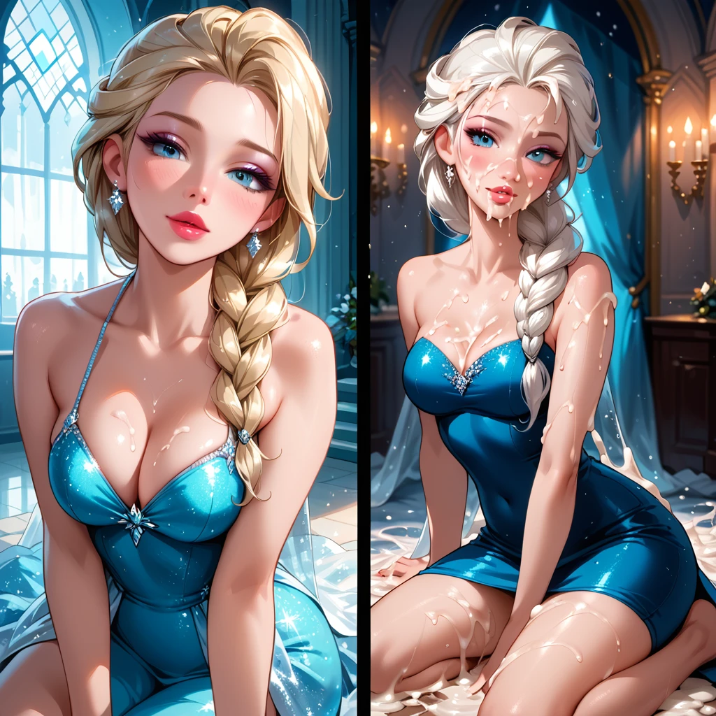 score_9, score_8_up, score_7_up, rating_questionable, epiCPhoto, 1girl, very sexy (Elsa, blonde, braid:1.1), beautiful waifu, sparkly blue halter dress, in Elsa's ice palace, kneeling in the ballroom, thicc, solo, cute, flirt, gaze, sexy look, half-closed eyes, head tilt, filled lips, thick lips, makeup, modelling shoot, sexy pose, (before and after bukkake, excessive cum, absurdly excessive cum:1.3).