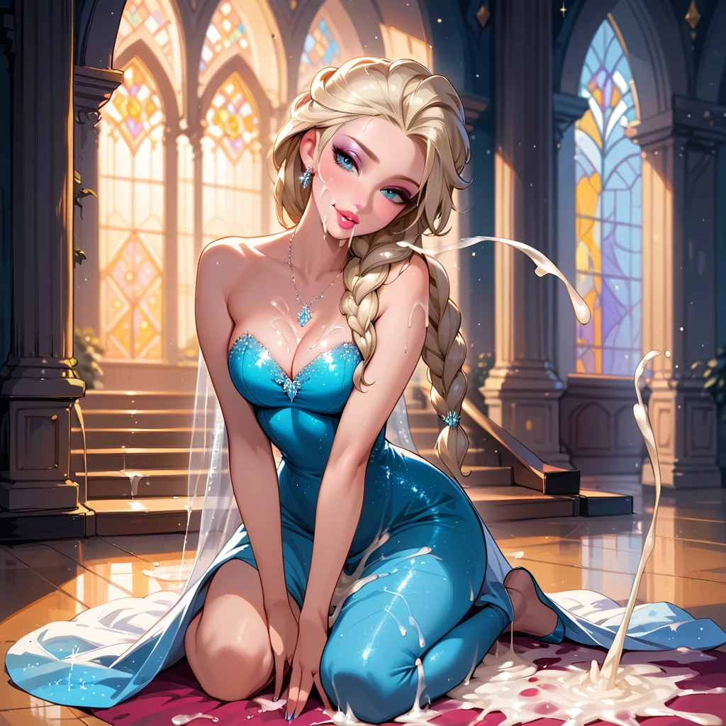 score_9, score_8_up, score_7_up, rating_questionable, epiCPhoto, 1girl, very sexy (Elsa, blonde, braid:1.1), beautiful waifu, sparkly blue halter dress, in Elsa's ice palace, kneeling in the ballroom, thicc, solo, cute, flirt, gaze, sexy look, half-closed eyes, head tilt, filled lips, thick lips, makeup, modelling shoot, sexy pose, (before and after bukkake, excessive cum, absurdly excessive cum:1.3).