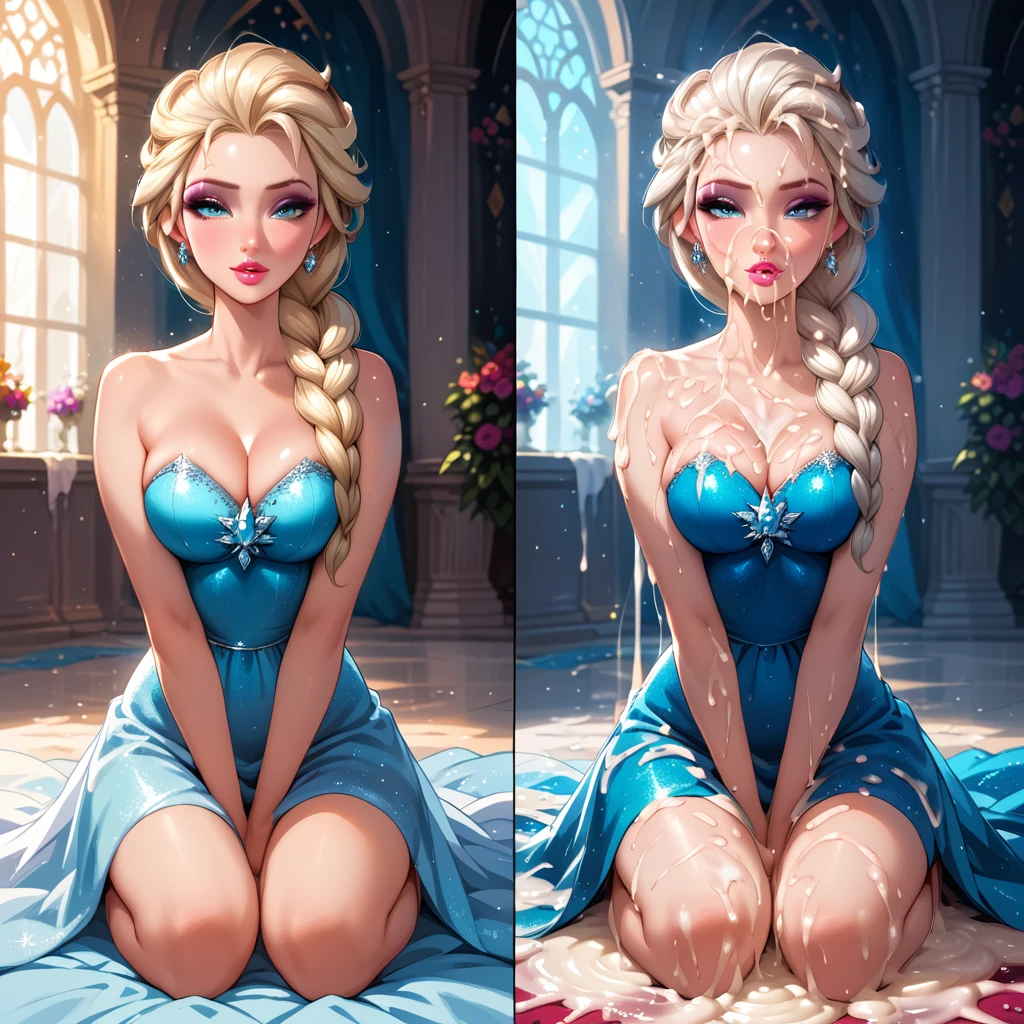 score_9, score_8_up, score_7_up, rating_questionable, epiCPhoto, 1girl, very sexy (Elsa, blonde, braid:1.1), beautiful waifu, sparkly blue halter dress, in Elsa's ice palace, kneeling in the ballroom, thicc, solo, cute, flirt, gaze, sexy look, half-closed eyes, head tilt, filled lips, thick lips, makeup, modelling shoot, sexy pose, (before and after bukkake, excessive cum, absurdly excessive cum:1.3).