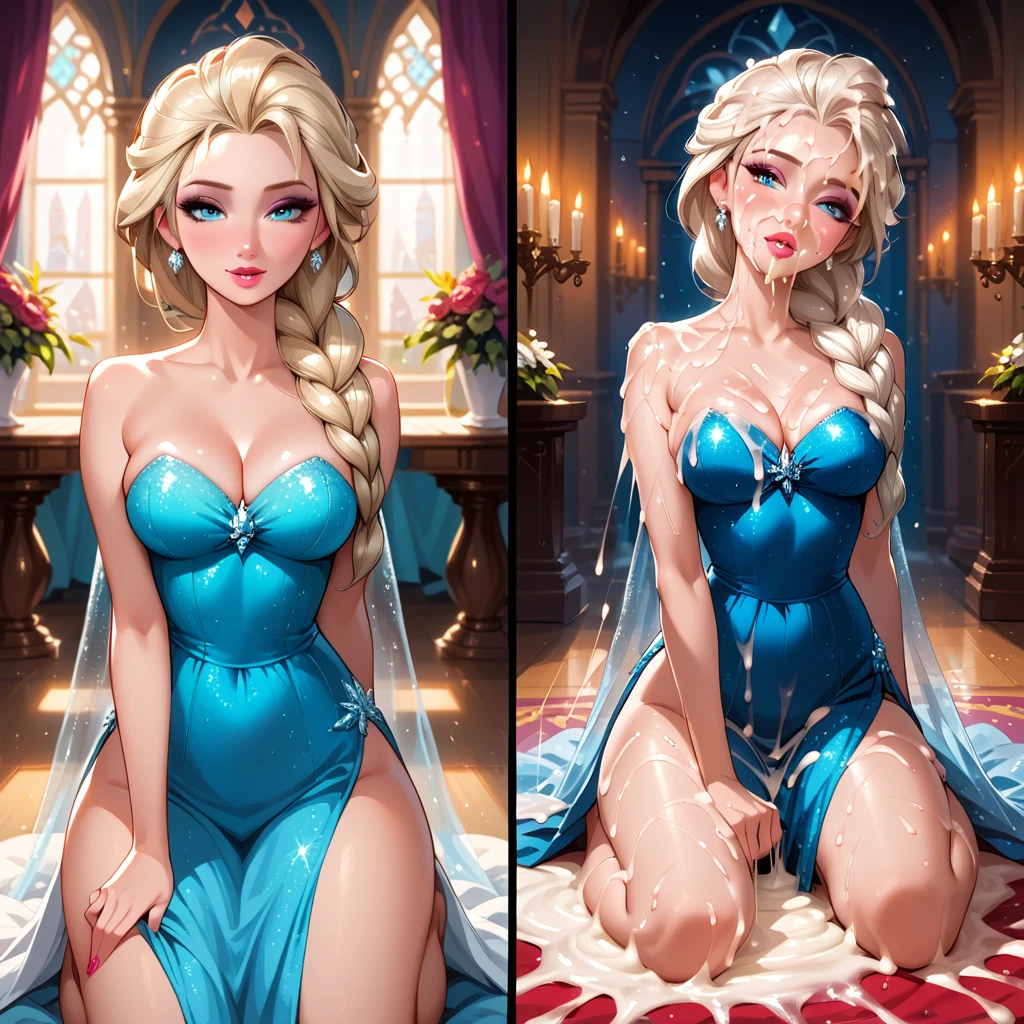 score_9, score_8_up, score_7_up, rating_questionable, epiCPhoto, 1girl, very sexy (Elsa, blonde, braid:1.1), beautiful waifu, sparkly blue halter dress, in Elsa's ice palace, kneeling in the ballroom, thicc, solo, cute, flirt, gaze, sexy look, half-closed eyes, head tilt, filled lips, thick lips, makeup, modelling shoot, sexy pose, (before and after bukkake, excessive cum, absurdly excessive cum:1.3).