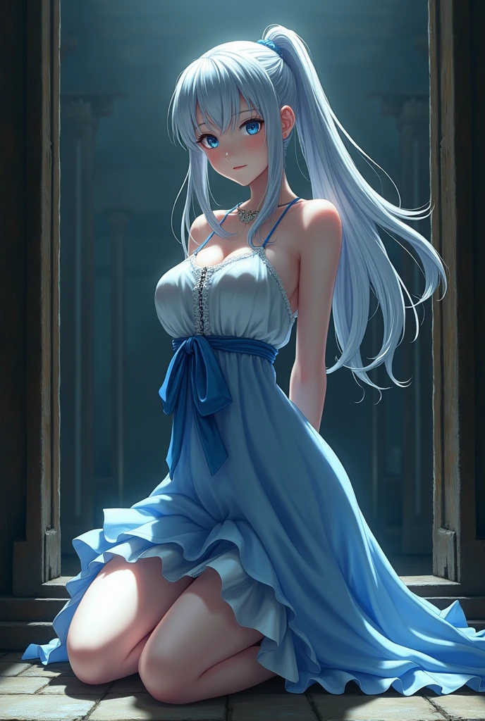 Perfect body, perfect anatomy,anime girl,silver hair, ponytail,blue eyes, Guillotine,blue and white dress,hands tied at back, about to be beheaded,head is inside of guillotine,