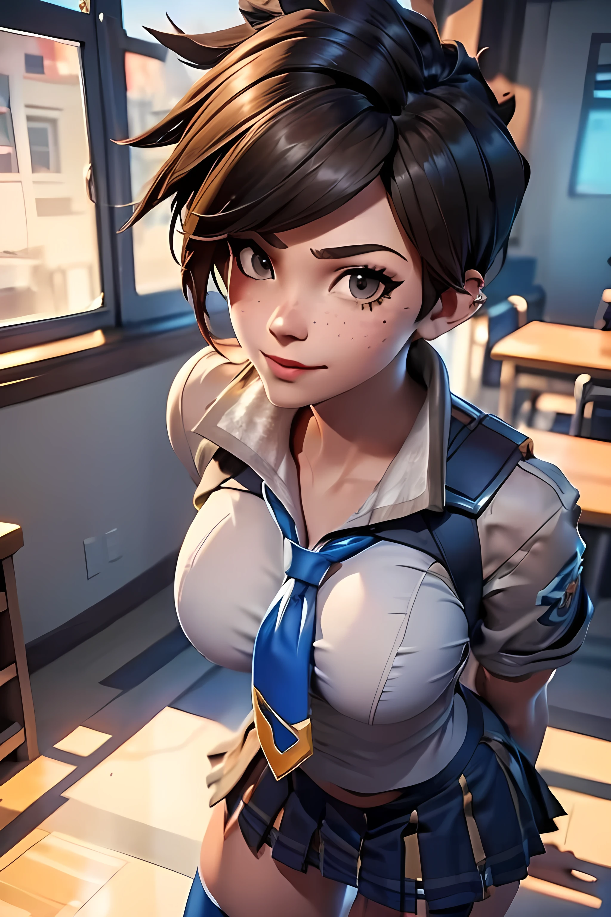 Tracer from overwatch, freckless, schoolgirl uniform, sexy pose, seductive face, 8k