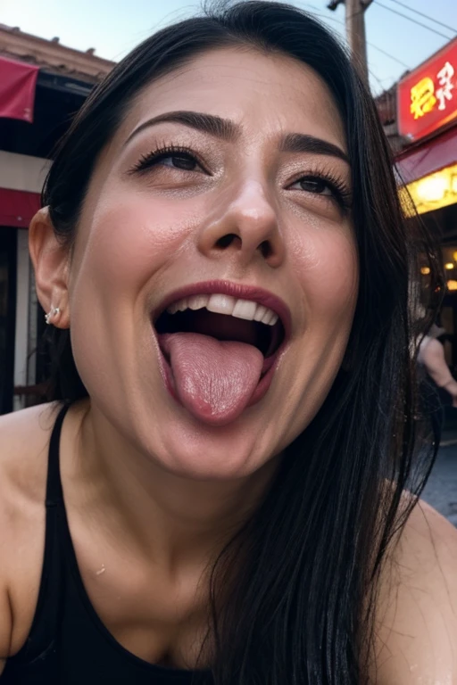 Flying debris,Award-winning photo, Very detailed, Edge Orgasm, Woman with open mouth and closed eyes , Sweaty skin、Lighting that highlights shiny sweat{{{Spread the word }}}, Black Hair、Browsing Caution,{{{{Crowd of elderly male spectators,Surrounded by men,}}}},(length, Narrow nostrils)、Raise your arms behind your head,(Sticking out a long tongue)