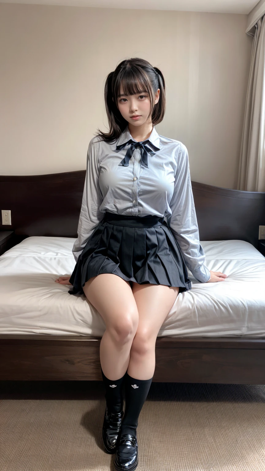 masterpiece, best quality, illustration, Super detailed, fine details, High resolution, 8K,wall paper, perfect dynamic composition,(Details High quality, realistic depiction of eyes:1.3), short hair, Black Sailor Uniform, serafuku, Navy pleated skirt, huge breasts, black hair color, Big Natural Color Lip, bold sexy pose, crying a little、 Harajuku style、20 year old girl、cute type、lolita、beautiful legs, hotel room, full body photo、focus on crotch, hposing Gravure Idol