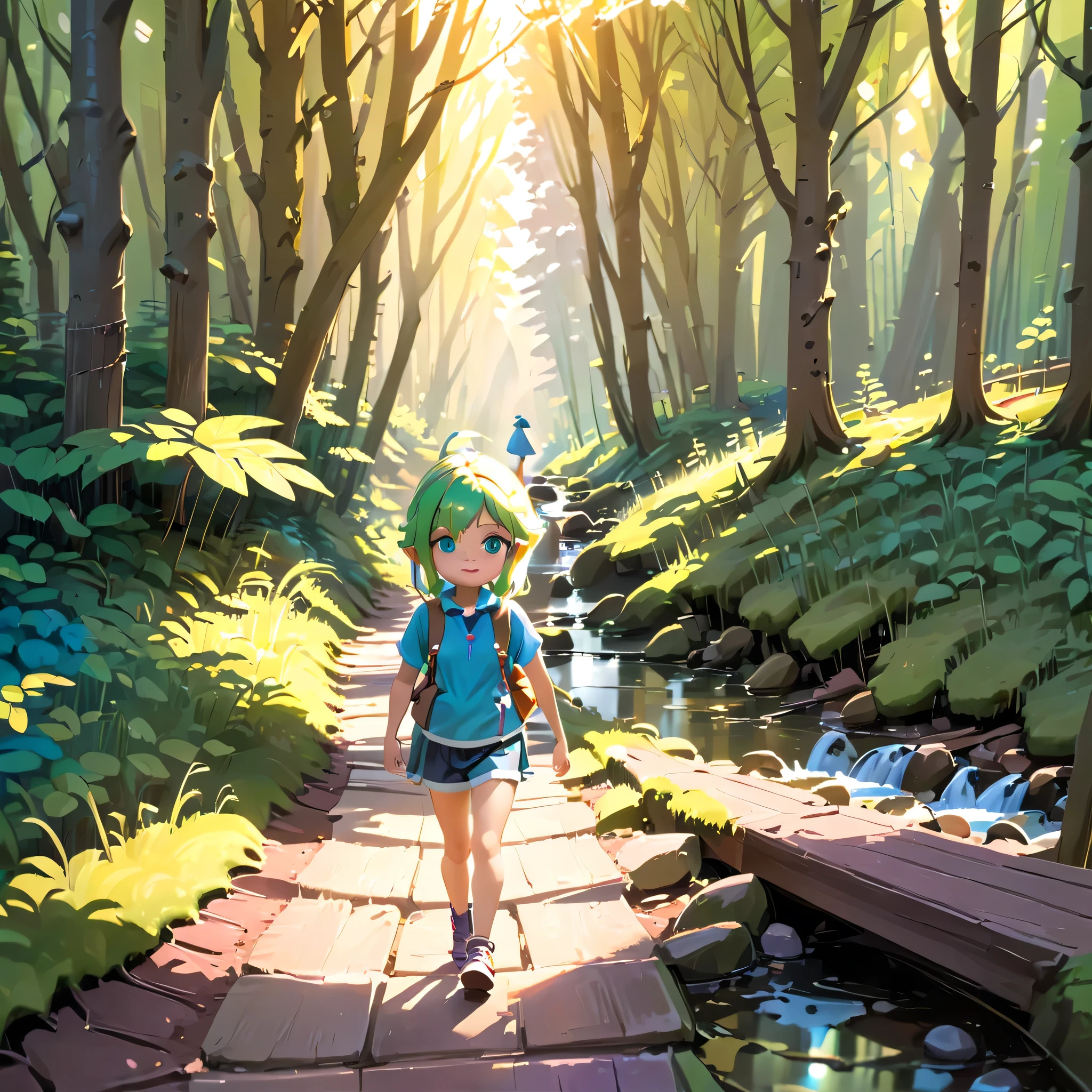 A colorful 3D cartoon girl walking down a forest path with sunlight filtering through the trees and a stream walking towards you