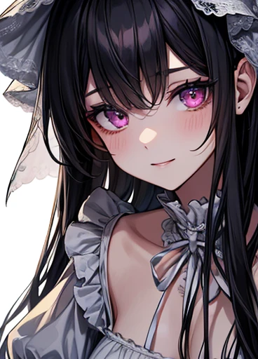 ((Image settings: masterpiece, highest quality, Aspect Ratio 16:9, Resolution 8K, Very detailed)) 1 girl, 16 years old, Glowing Skin, Black twin tail hair, Black and white gothic hair ribbon, A strong and adorable girl with sharp black eyes and a seductive aura., seductive grin smug, Brat, Stylish black and white gothic punk dress, Purple ribbon choker with lock, Cross hairpin, Purple ribbon hairpin, Have a pudding