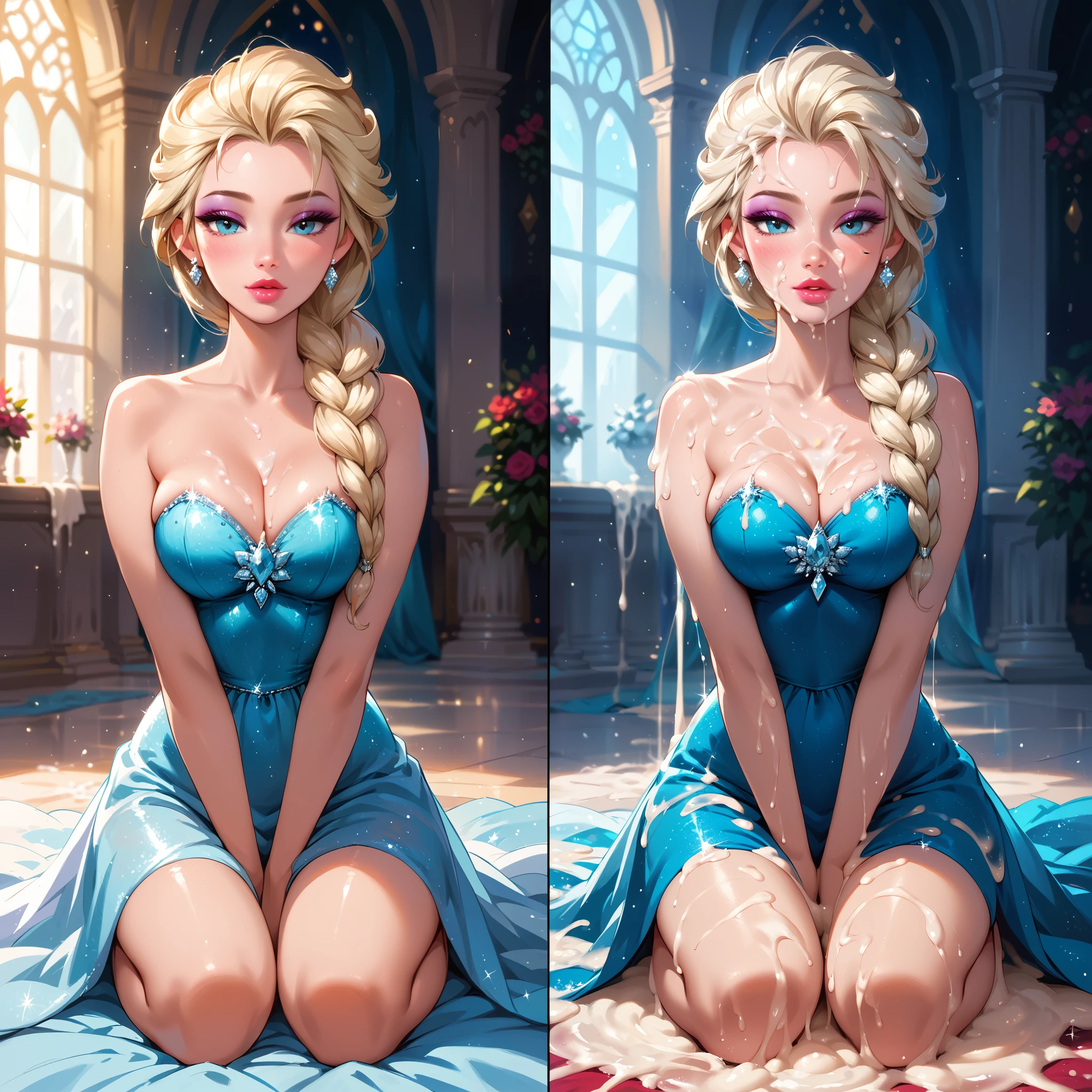 score_9, score_8_up, score_7_up, rating_questionable, epiCPhoto, 1girl, very sexy (Elsa, blonde, braid:1.1), beautiful waifu, sparkly blue halter dress, in Elsa's ice palace, kneeling in the ballroom, thicc, solo, cute, flirt, gaze, sexy look, half-closed eyes, head tilt, filled lips, thick lips, makeup, modelling shoot, sexy pose, (before and after bukkake, excessive cum, absurdly excessive cum:1.3).