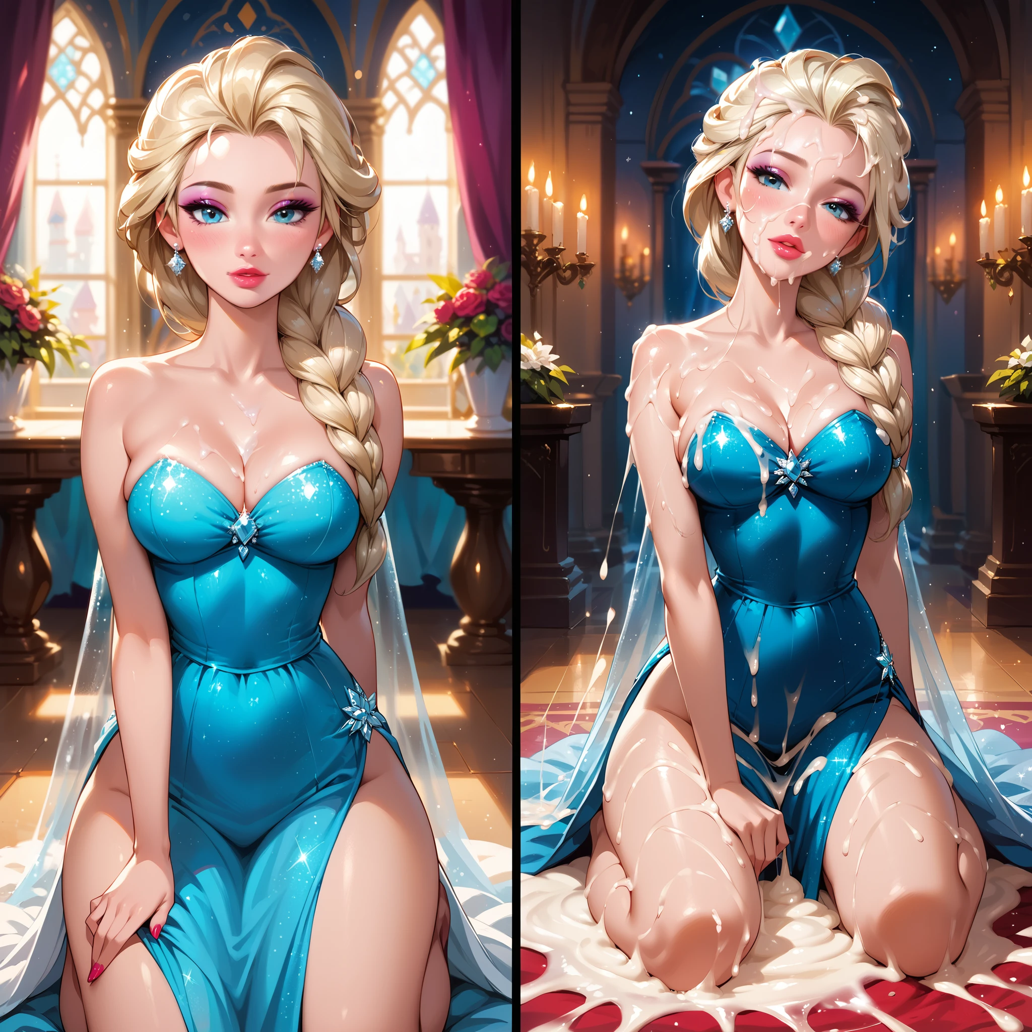 score_9, score_8_up, score_7_up, rating_questionable, epiCPhoto, 1girl, very sexy (Elsa, blonde, braid:1.1), beautiful waifu, sparkly blue halter dress, in Elsa's ice palace, kneeling in the ballroom, thicc, solo, cute, flirt, gaze, sexy look, half-closed eyes, head tilt, filled lips, thick lips, makeup, modelling shoot, sexy pose, (before and after bukkake, excessive cum, absurdly excessive cum:1.3).