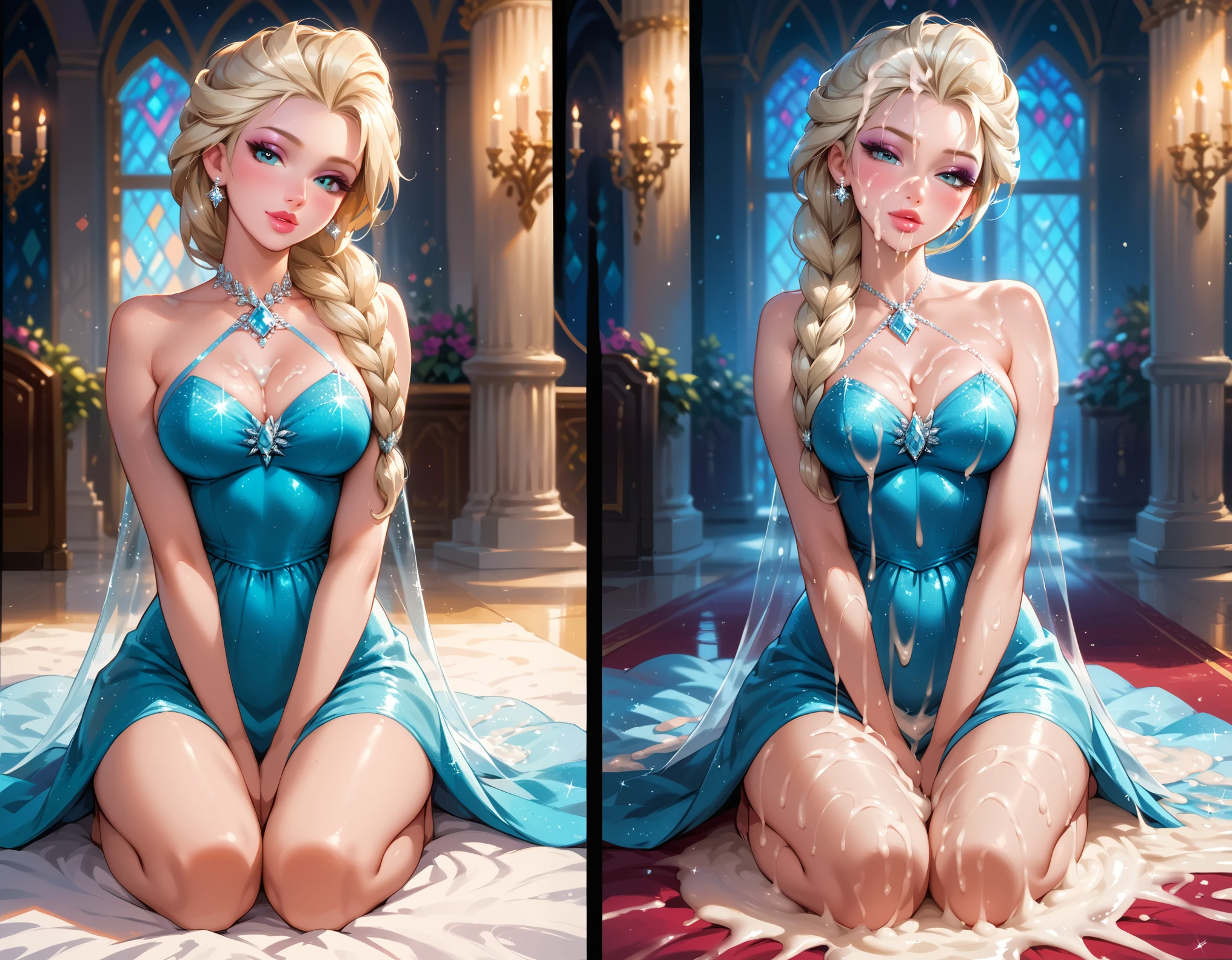 score_9, score_8_up, score_7_up, rating_questionable, epiCPhoto, 1girl, very sexy (Elsa, blonde, braid:1.1), beautiful waifu, sparkly blue halter dress, in Elsa's ice palace, kneeling in the ballroom, thicc, solo, cute, flirt, gaze, sexy look, half-closed eyes, head tilt, filled lips, thick lips, makeup, modelling shoot, sexy pose, (before and after bukkake, excessive cum, absurdly excessive cum:1.3).