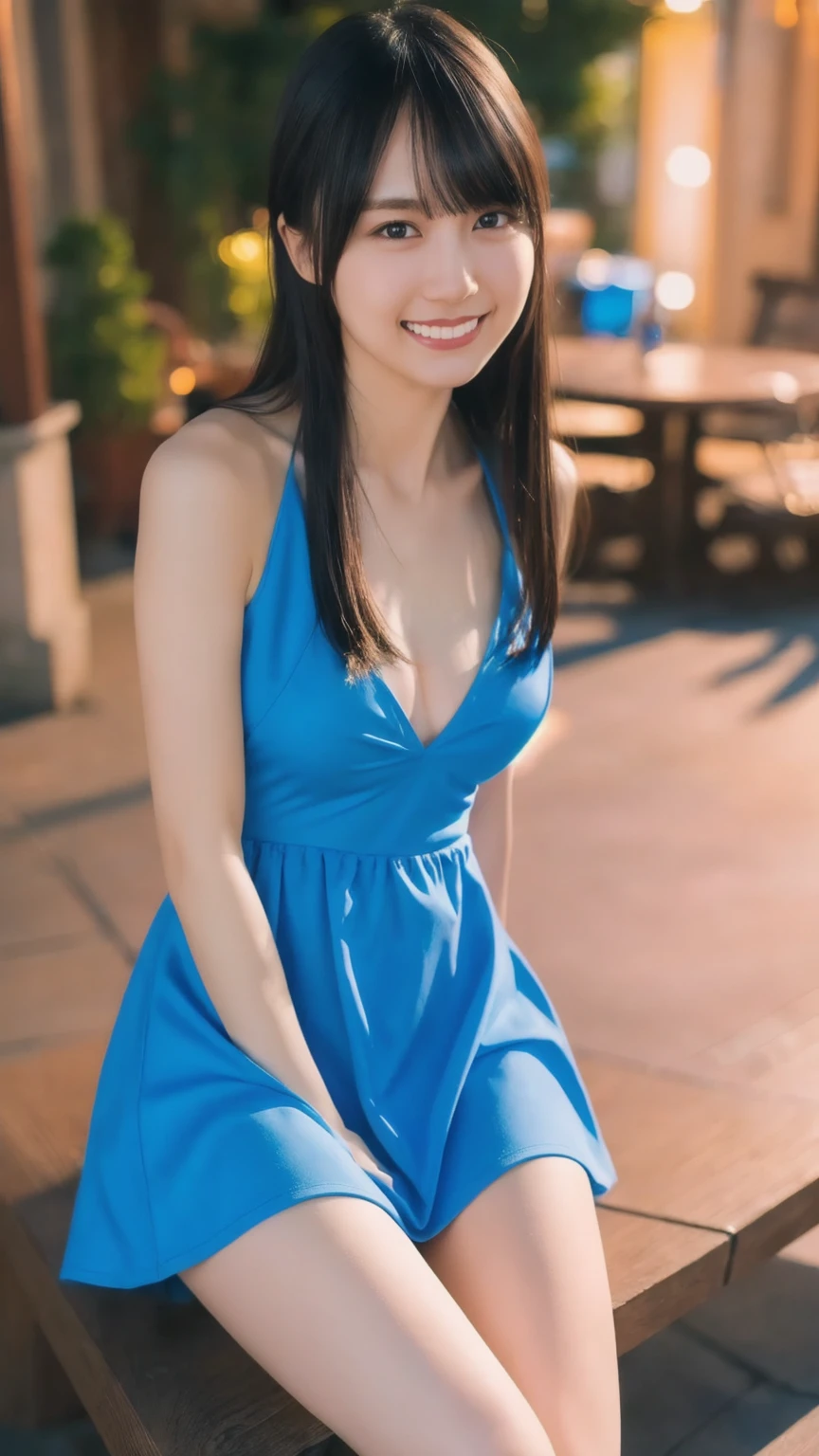 Medusa, whole body, Smile, blush, outdoor, daytime,Warm background, blue Sky,Long hair, Sky, Looking at the audience, sitting on the stairs, village, Moody Lighting, Sexy,fit,Long legs,Big breasts,Smooth skin,Short skirt,black,Seductive eyes,Looks very