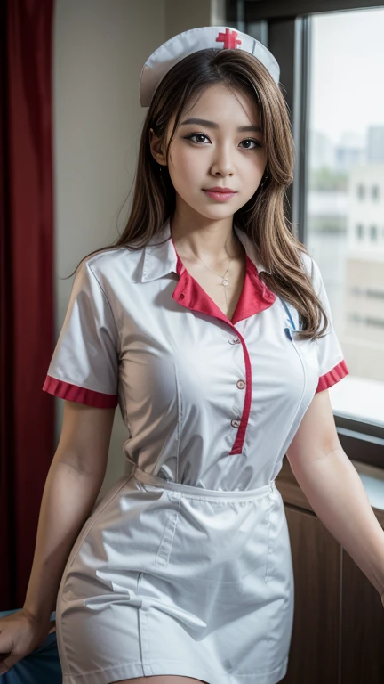 portrait of girl 20 years old wearing white uniform covered by red Brazzers flight attendant uniform, red blouse,