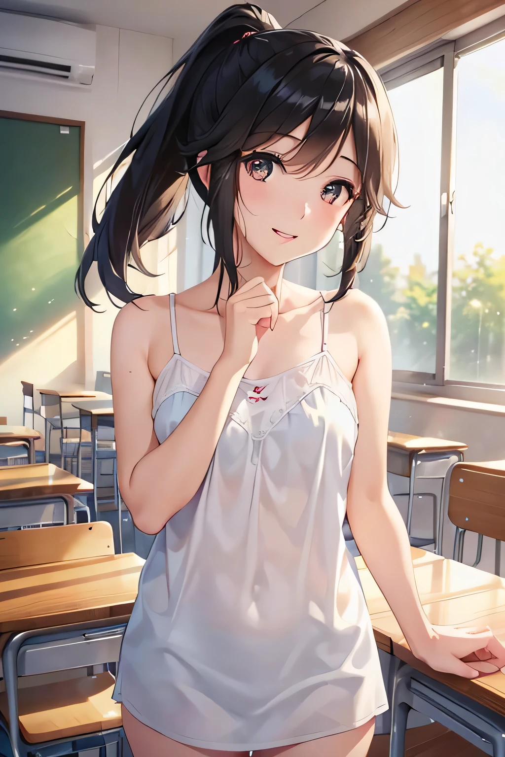 (( girl))、Shiny black hair, (Beautiful blue eyes、Shining eyes fine grain)、smile、超fine grain、High quality face, Very fine grain,Cowboy Shot、 girl, Like,
((Best Quality, 8k, masterpiece: 1.3)),
Beauty, Hide your face, 1 girl,beautiful: 1.3,
white camisole, short , (In the classroom),
High quality face, Detailed lips, fine grain, double eyelid, wet, ponytail, Invite,