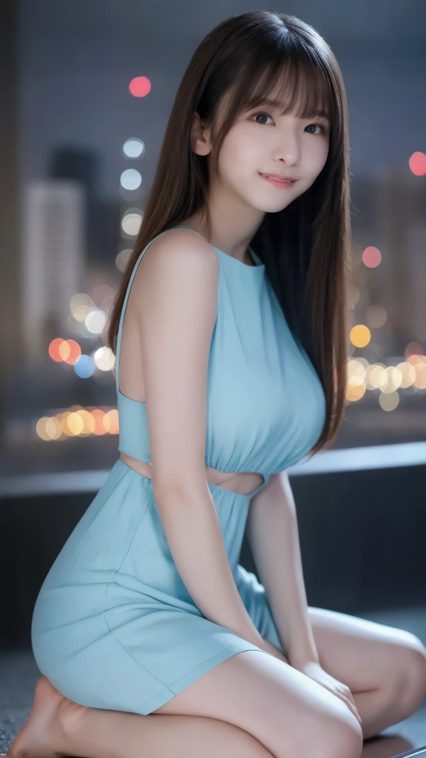 1girl,(wearing a blue mini dress:1.2),(RAW photo, best quality), (realistic, photo-realistic:1.4), masterpiece, an extremely delicate and beautiful, extremely detailed, 2k wallpaper, Amazing, finely detail, extremely detailed CG unity 8k wallpaper, ultra-detailed, highres, soft light, beautiful detailed girl, extremely detailed eyes and face, beautiful detailed nose, beautiful detailed eyes,cinematic lighting,city lights at night,perfect anatomy,slender body,light smile,close up,(long hair with bangs), (Full body:1.4), big breast, sitting.