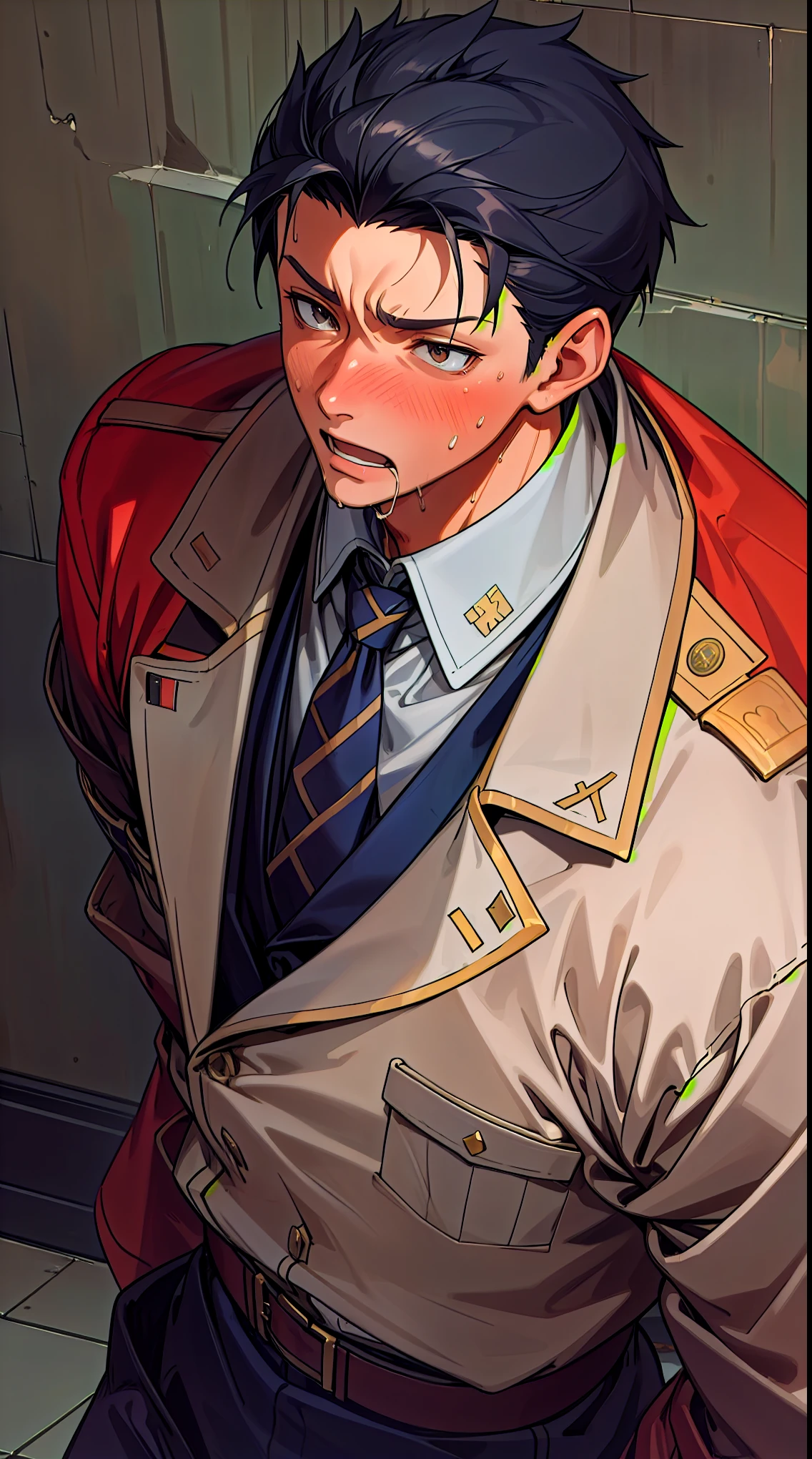 Hector Fay, Ultra high quality cg, solitary, Looking at the audience, Open your mouth, Sweating, Wet, Drooling, Gloves, 1 man, Upper Body, Male focus, tie,shirt, military uniform