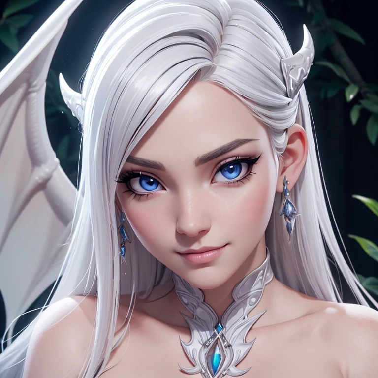 a beautiful elegant dragon woman with long silver white hair and dragon horns, lying on a soft pillow and gazing at the camera with an evil yet beautiful smile, realistic manga style, 1 girl, white skin, white dress, dragon wings in the forest background, (best quality,4k,8k,highres,masterpiece:1.2),ultra-detailed,(realistic,photorealistic,photo-realistic:1.37),extremely detailed eyes and face,beautiful detailed lips,beautiful detailed eyes,longeyelashes,vivid colors,studio lighting,physically-based rendering