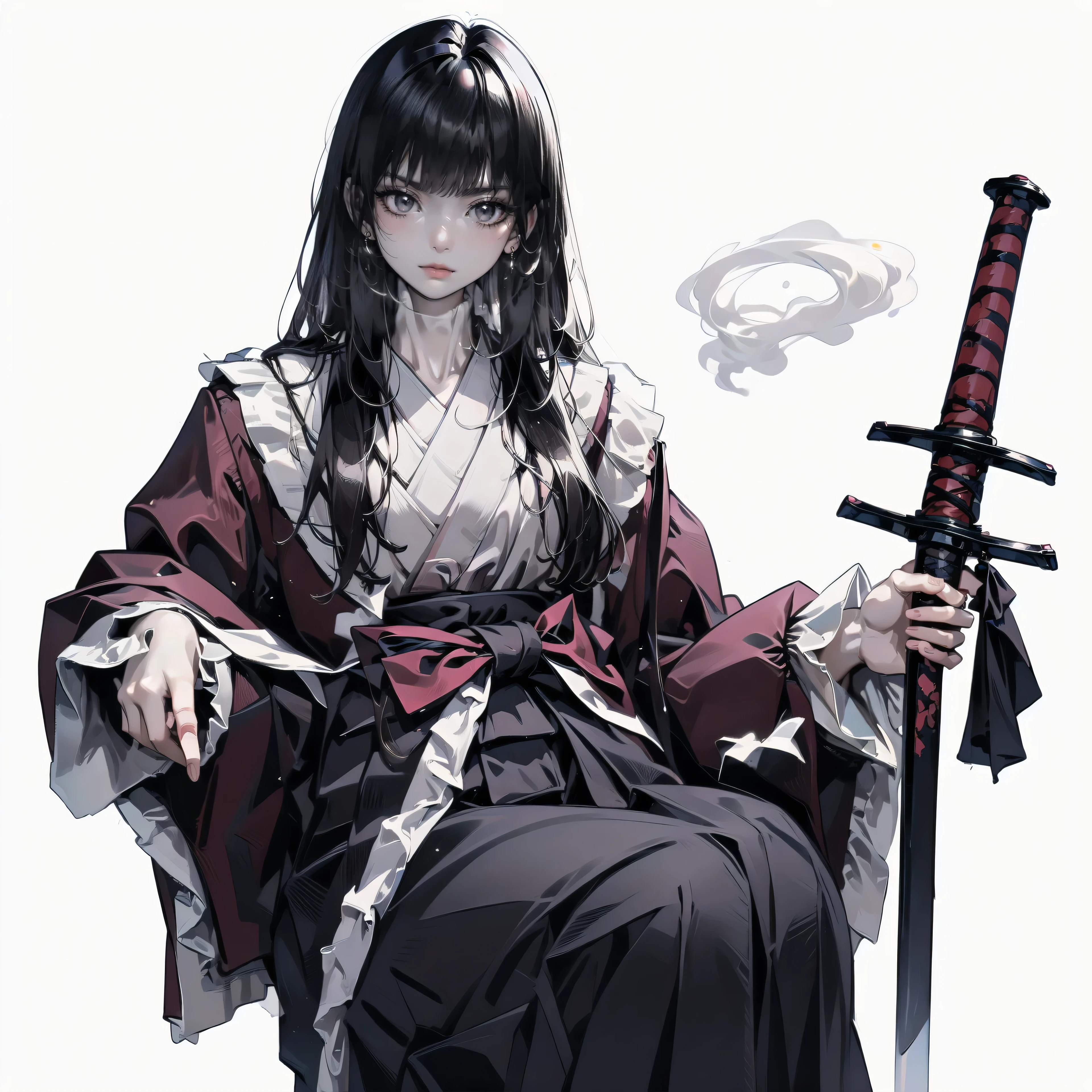 an anime man , holding his weapon is katakana sword, smoke, fire, japanese kimono, ultra HD, high quality, 32k, simple plain background, 8k, hd, dark fantasy