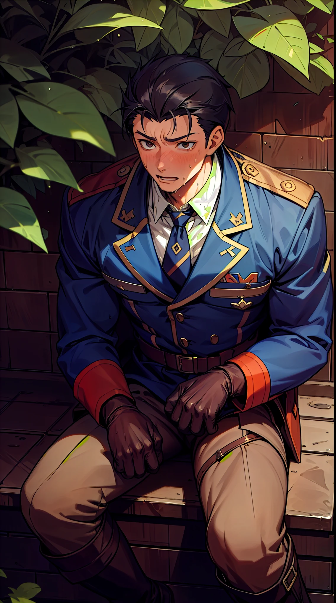 Hector Fay, Ultra high quality cg, solitary, Looking at the audience, Open your mouth, Sweating, Wet, Drooling, Gloves, 1 man, whole body, Sitting astride，Male focus, tie，shirt， military uniform，Military Pants，A holster on his thigh，Wearing dirty combat boots
