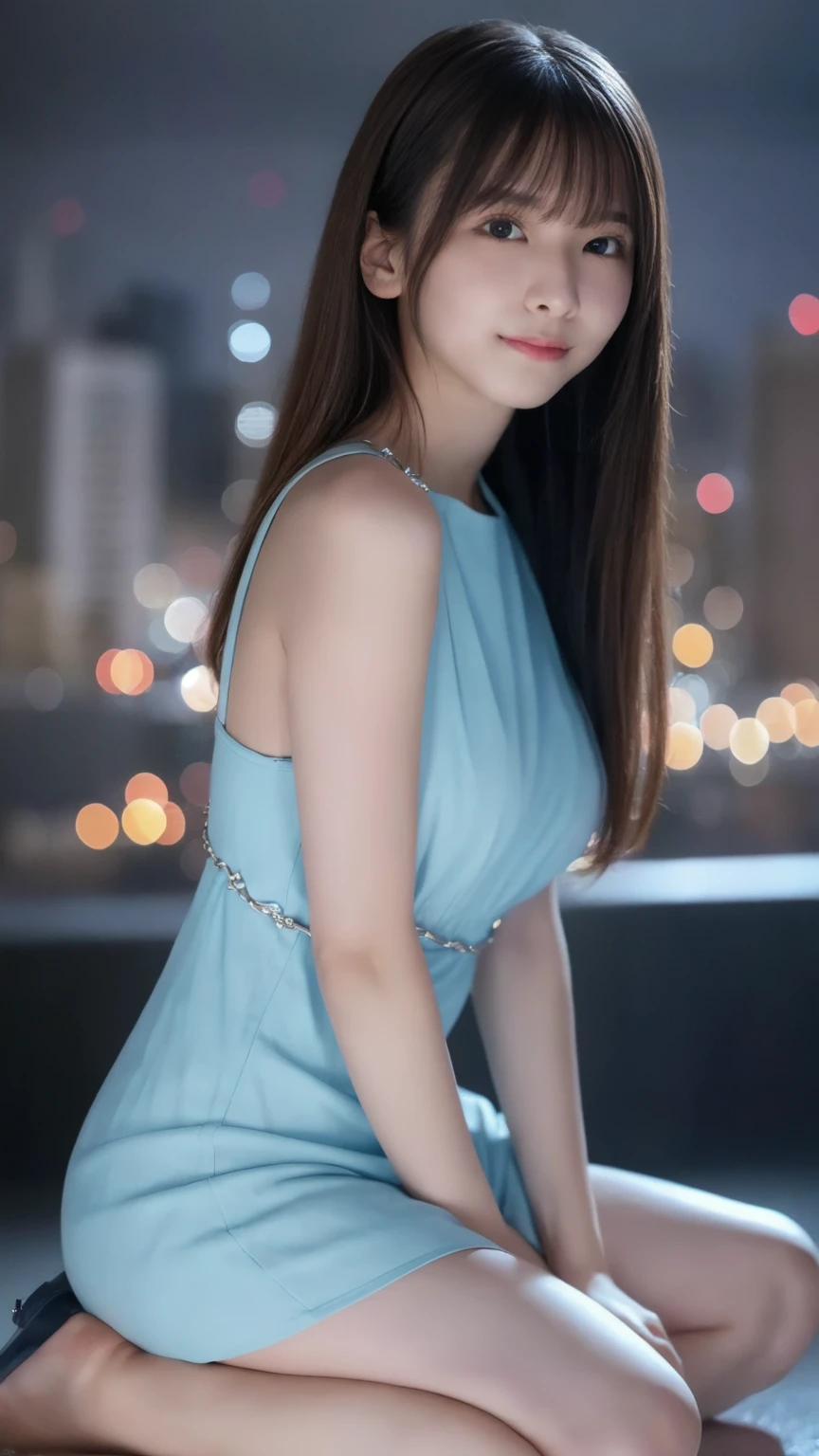 1girl,(wearing a blue evening dress:1.2),(RAW photo, best quality), (realistic, photo-realistic:1.4), masterpiece, an extremely delicate and beautiful, extremely detailed, 2k wallpaper, Amazing, finely detail, extremely detailed CG unity 8k wallpaper, ultra-detailed, highres, soft light, beautiful detailed girl, extremely detailed eyes and face, beautiful detailed nose, beautiful detailed eyes,cinematic lighting,city lights at night,perfect ???????,slender body,light smile,close up,(long hair with bangs), big breast