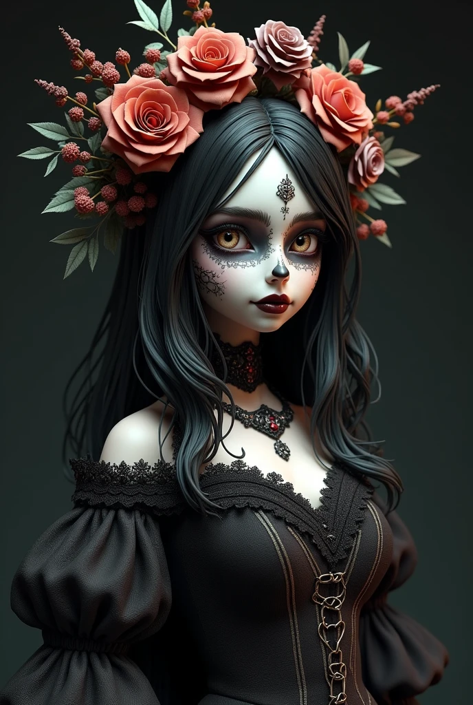 ((High quality)), ((super detailed)), ((super realistic)), A Mexican skull skull woman, Day of the Dead, a skeletal female figure adorned with colorful clothes and flowers, including the Mexican cactus, cemeteries, (((night)) , moon, stars, rays, fear, sorrows, death, soul, red roses, expression of her face seen clearly, 8k uhd, dslr, soft lighting, film grain, Fujifilm XT3, photorealistic rendering, 3ds Max + V-Ray, extremely detailed and intricate