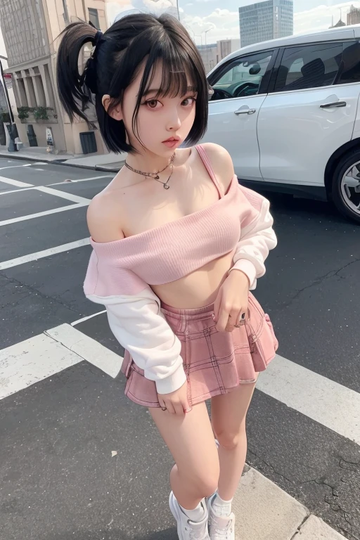 Fr3ckles, black hair, grey eyes, freckles, 1girl, pl34tp1nk, plaid skirt, fishnets, chains, bare shoulders, pink sweater, black halter top, indoors, goth,black lips, smoky eyes, mascara, eyeliner, full body view