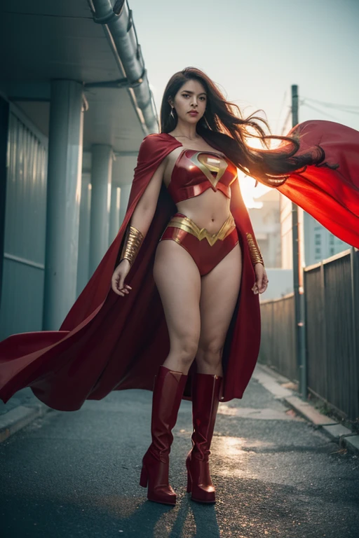 Superheroine, halter neck, midriff, high heels, hand on hip