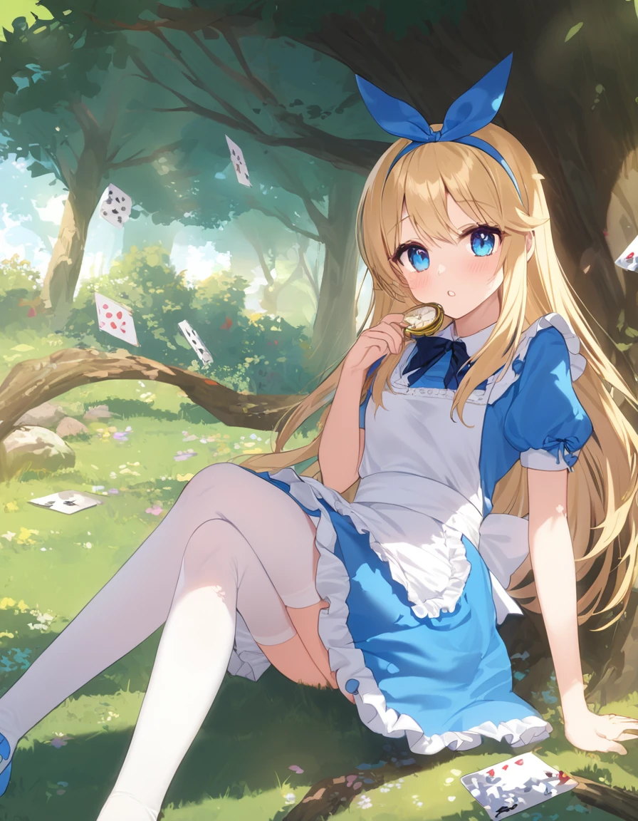 1girl, alice, solo, blue eyes, blonde hair, blue hairbow, long hair, puffy short sleeves, white apron, blue dress, white thighhighs, small breasts, sweat, (gleaming skin), extremely detailed outdoor background, A beautiful face, one beautiful girl, napping comfortably in the shade of a tree, Alice in Wonderland, Alice is sleeping leaning against a big tree, a beautiful field, a river is flowing, there are about five old books around Alice, one of them is open, playing cards are around Alice About 10 playing cards have fallen in places, hearts and diamonds are red, spades and clovers are black, one pocket watch has fallen near Alice's sleeping face, the pocket watch is pretty and looks very expensive, gentle breeze, white flowers, peace, a scene from a story,