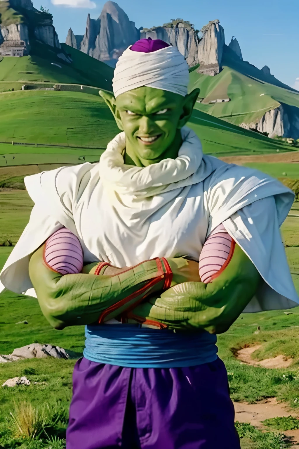 masterpiece, best quality, piccolo,1boy, male focus, upper body, solo, standing, pointy ears,purple dougi,purple pants,green skin,blue sash,(white turban), white cape,smile,closed mouth, looking at viewer, bald,black eyes, from below,crossed arms, rocky grassfields, pink patches (8k)