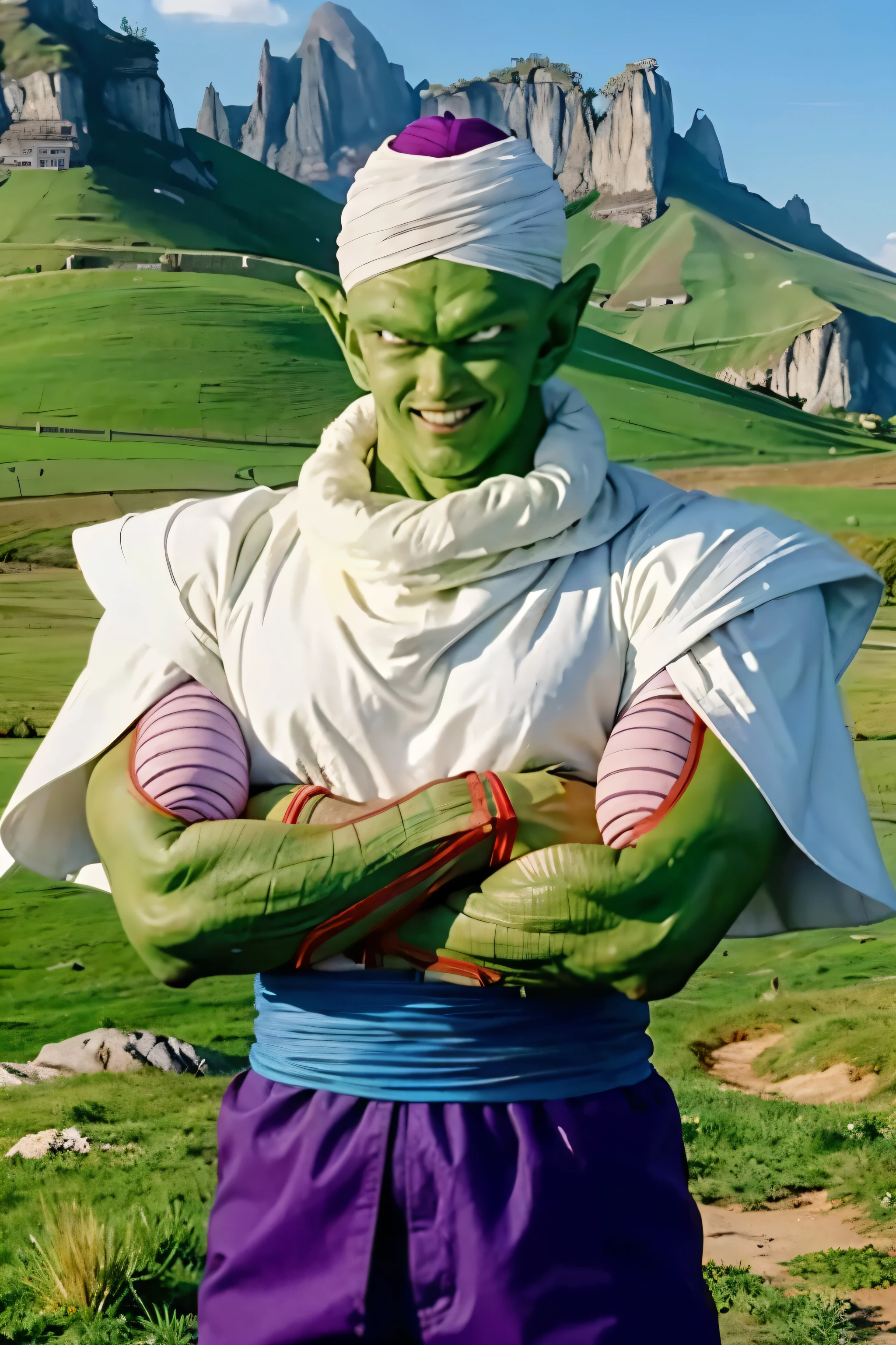 masterpiece, best quality, piccolo,1boy, male focus, upper body, solo, standing, pointy ears,purple dougi,purple pants,green skin,blue sash,(white turban), white cape,smile,closed mouth, looking at viewer, bald,black eyes, from below,crossed arms, rocky grassfields, pink patches (8k)