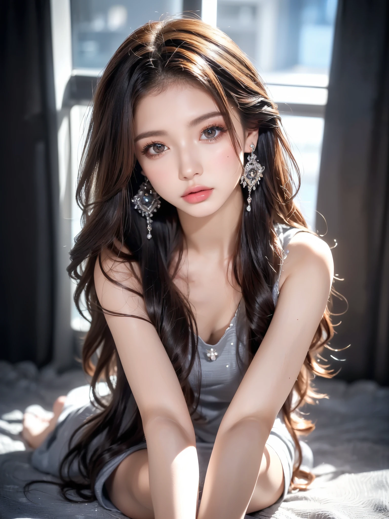 Highly detailed CG Unity 8K wallpaper、highest quality、super detailed、masterpiece、studio photography、full body portrait、From above、 realistic、behind the photo、big, full, round breasts、realistic、Photoreal、Highly detailed cute girl、solo、16 years old、melancholy look, brown hair, up hair、full body photo、Wearing underwear、big breasts、Breast flick、sitting on the train、Cleavage visible through gaps in clothes、Kiritanimirei、I looked away、From above覗き見る角度の写真