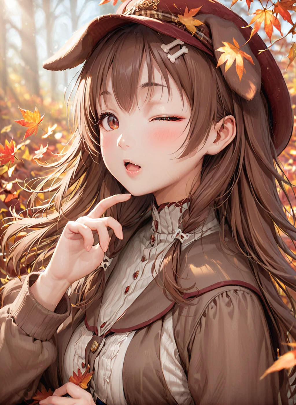 yukino_yukinoshita, 1girl, bone hair ornament, virtual youtuber, one eye closed, solo, autumn leaves, animal ears, brown hair, dog ears, yukino_cute_outfit , brown skit , hat, cute , masterpiece, best quality, 1girl, solo, cinematic, soft lighting, shine skin , light skin , 8k, soft colors, realistic
