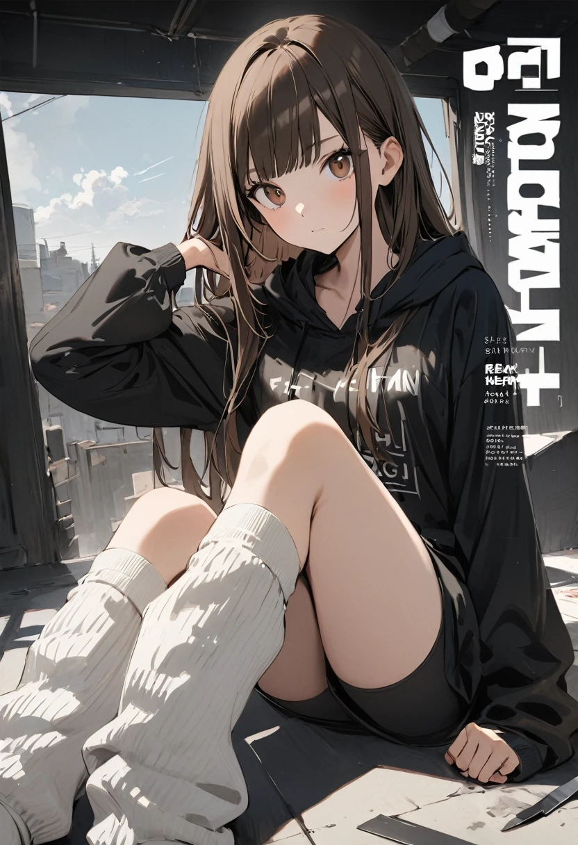 cover of a fashion magazine,(1girl,slim,small breasts,long brown straight hair,Side bangs,Slope_eye),(black hoodie,loose socks),break,conceptual art, masterpiece, Super Detail, Attention to detail, high quality, highest quality, High resolution