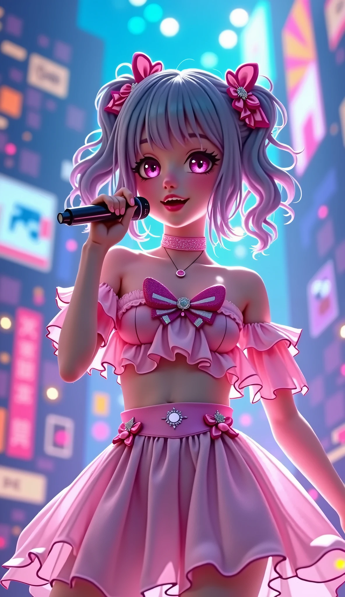 Purple hair with dark pink mesh。The eyes are purple and deep pink from top to bottom.、It's light pink.。There are stars in my eyes。The clothes are deep pink idol costumes.。I have a microphone。The right side of her hair is like a half twin.