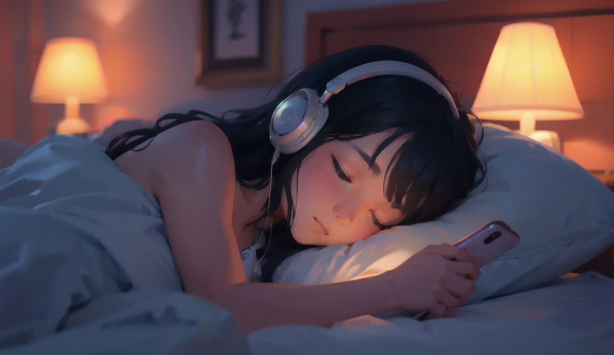 A girl fall asleep, laying on their bed with headphones connected to their phones on hearing lofi come out of it, warm lamp, relaxing mood, cozy lit room, animated anime style, 16:9. --auto --s2 Masterpiece, Best Quality, Illustration, 